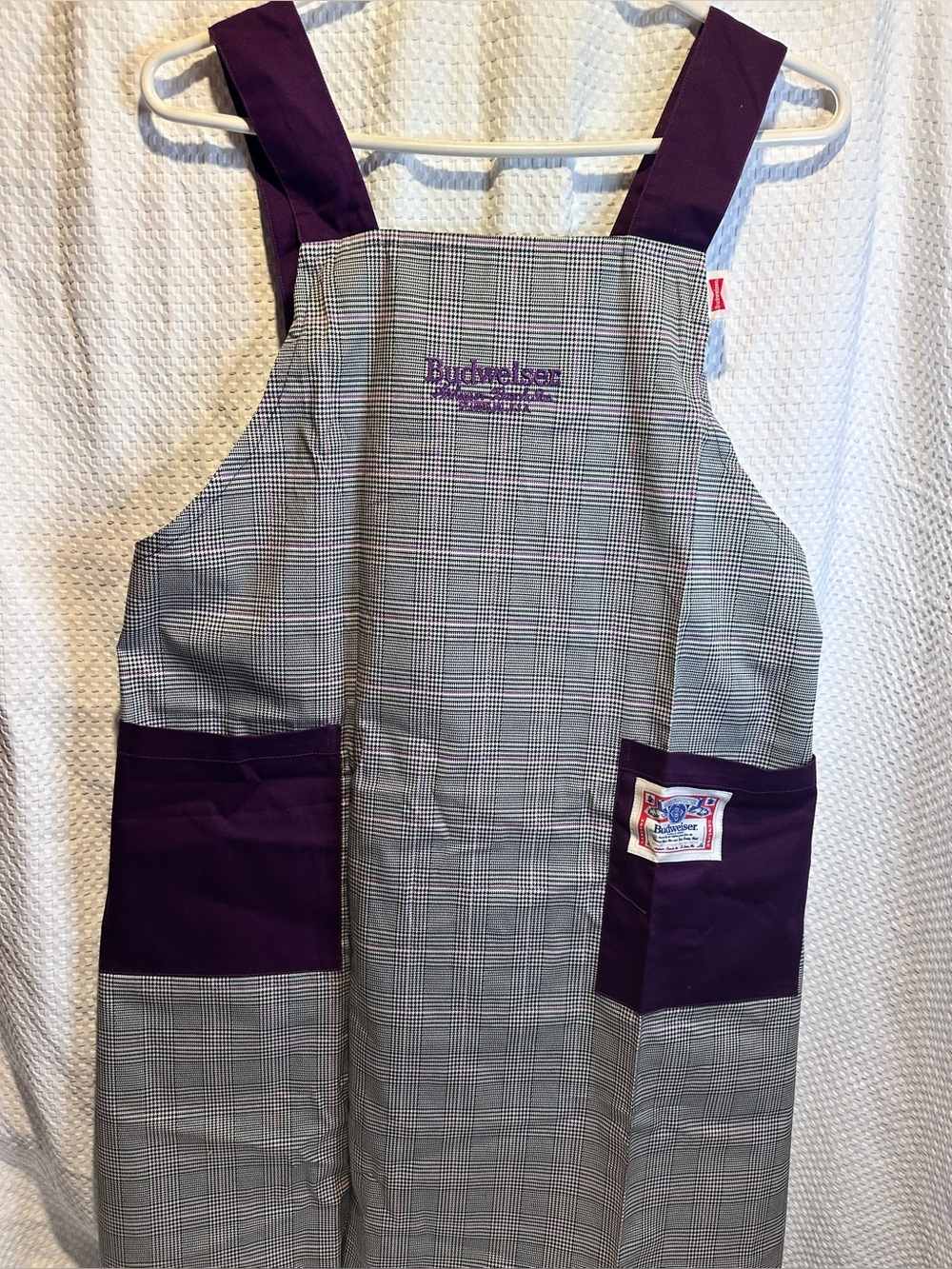 Vintage Budweiser Gray Plaid Apron with Purple Pockets and Straps